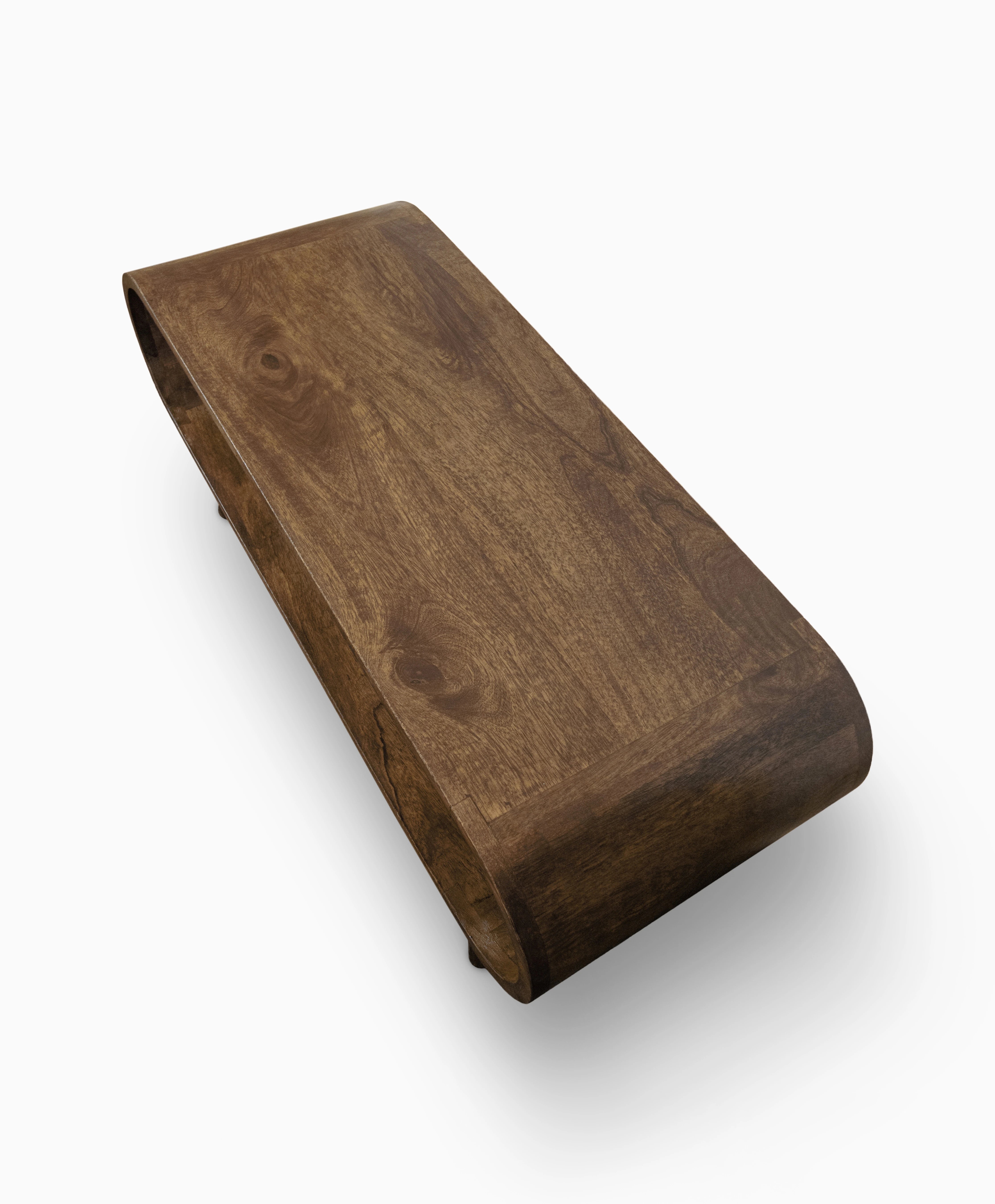 Narrow coffee table with open shelf and curved edges