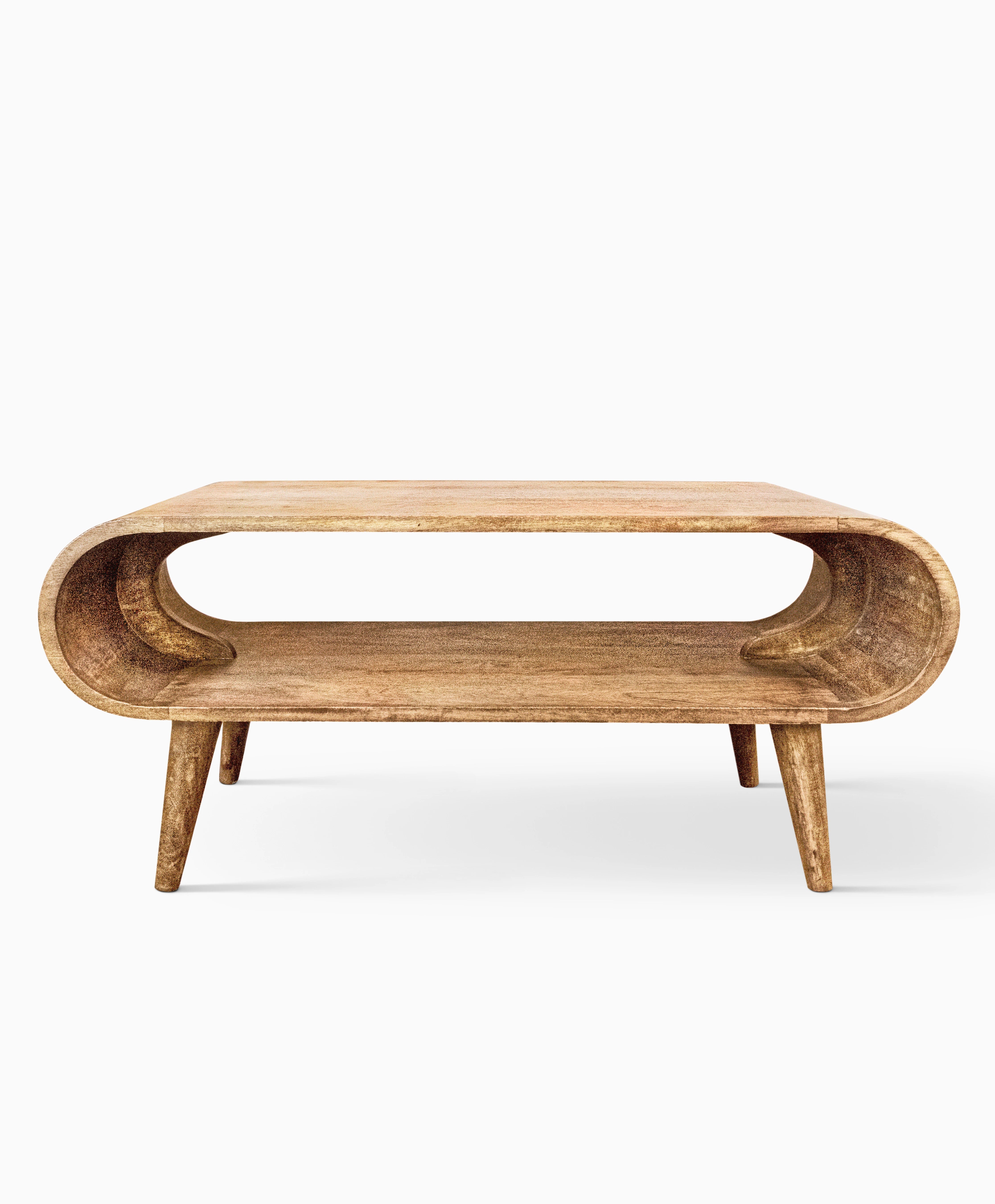 Scandinavian coffee table with round retro legs and vintage finish
